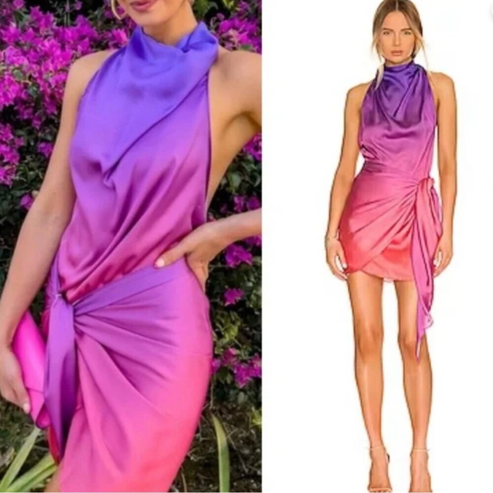 BAOBAB x REVOLVE Providencia Dress Sunset Ombre draped high neck Satin party